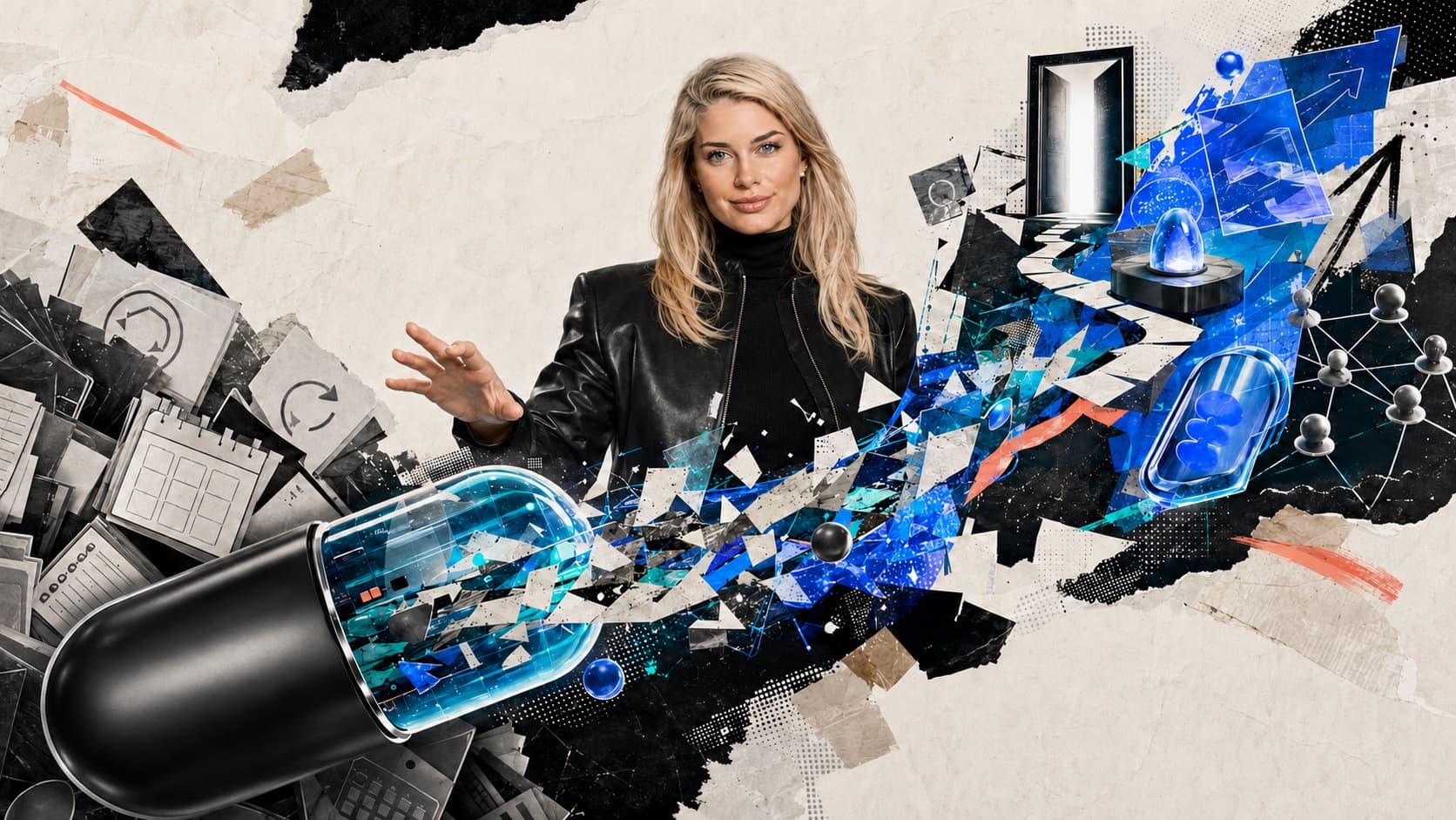 AI-pilled business strategy represented through a collage of traditional work and futuristic AI systems
