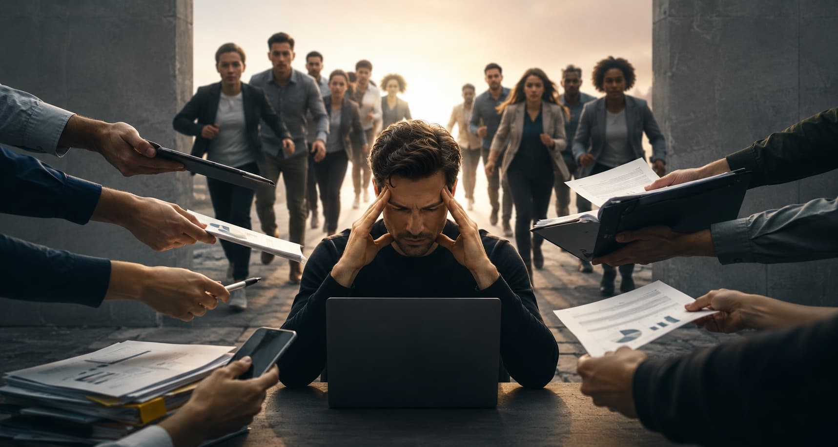 An overwhelmed founder sits at a laptop holding his head while hands full of documents reach in from every side and a crowd of people rushes toward him