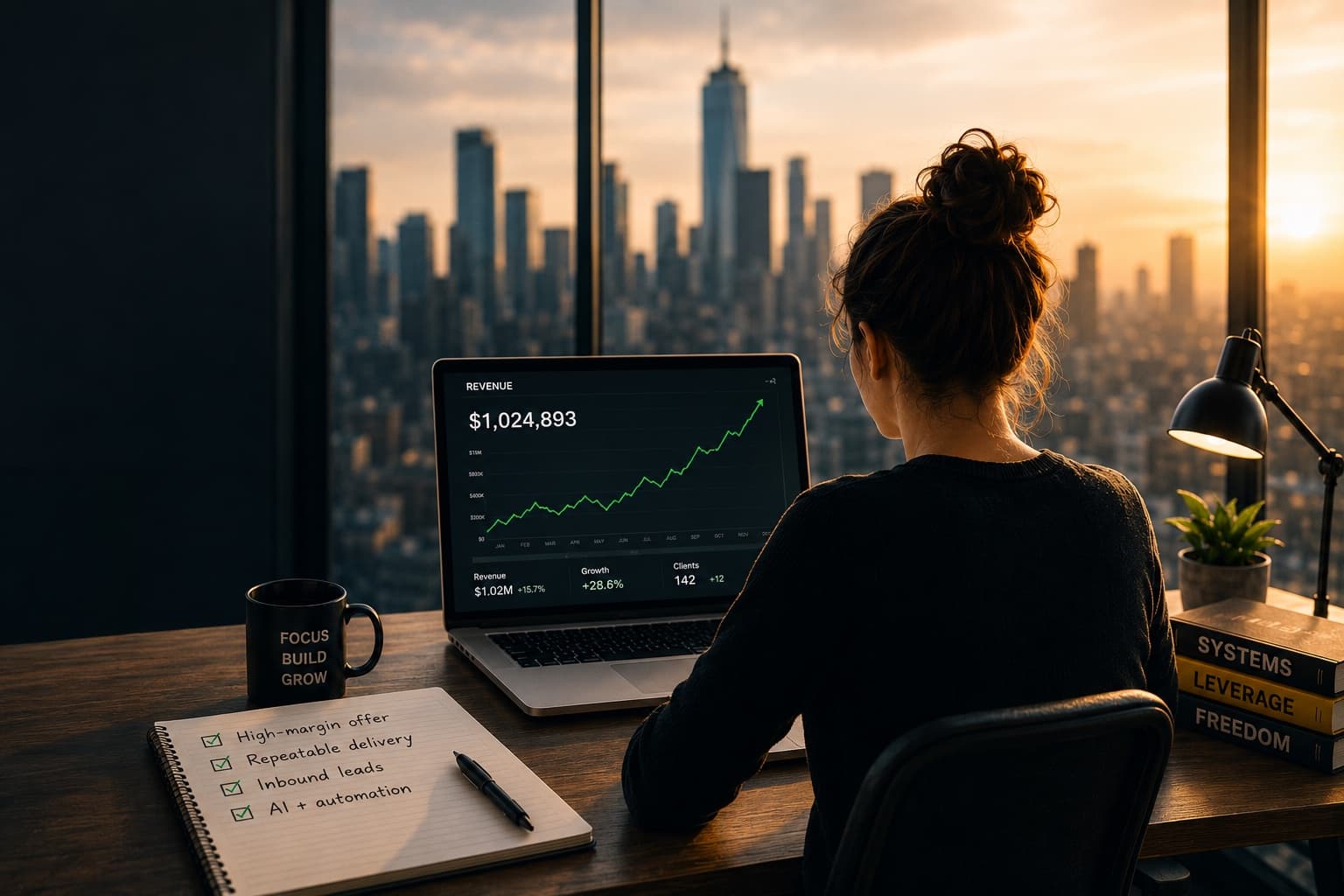 A founder reviewing a revenue growth chart on a laptop, with a notebook, coffee mug, and stack of business books on the desk