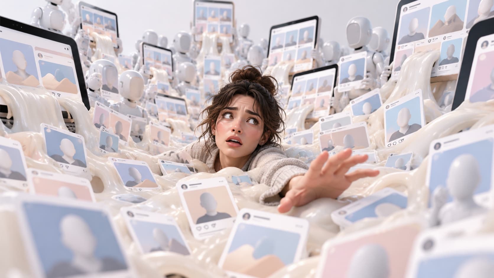 A woman reaches out from a sea of identical faceless AI-generated social media posts surrounded by rows of matching robots, illustrating how AI slop drowns out personal brands