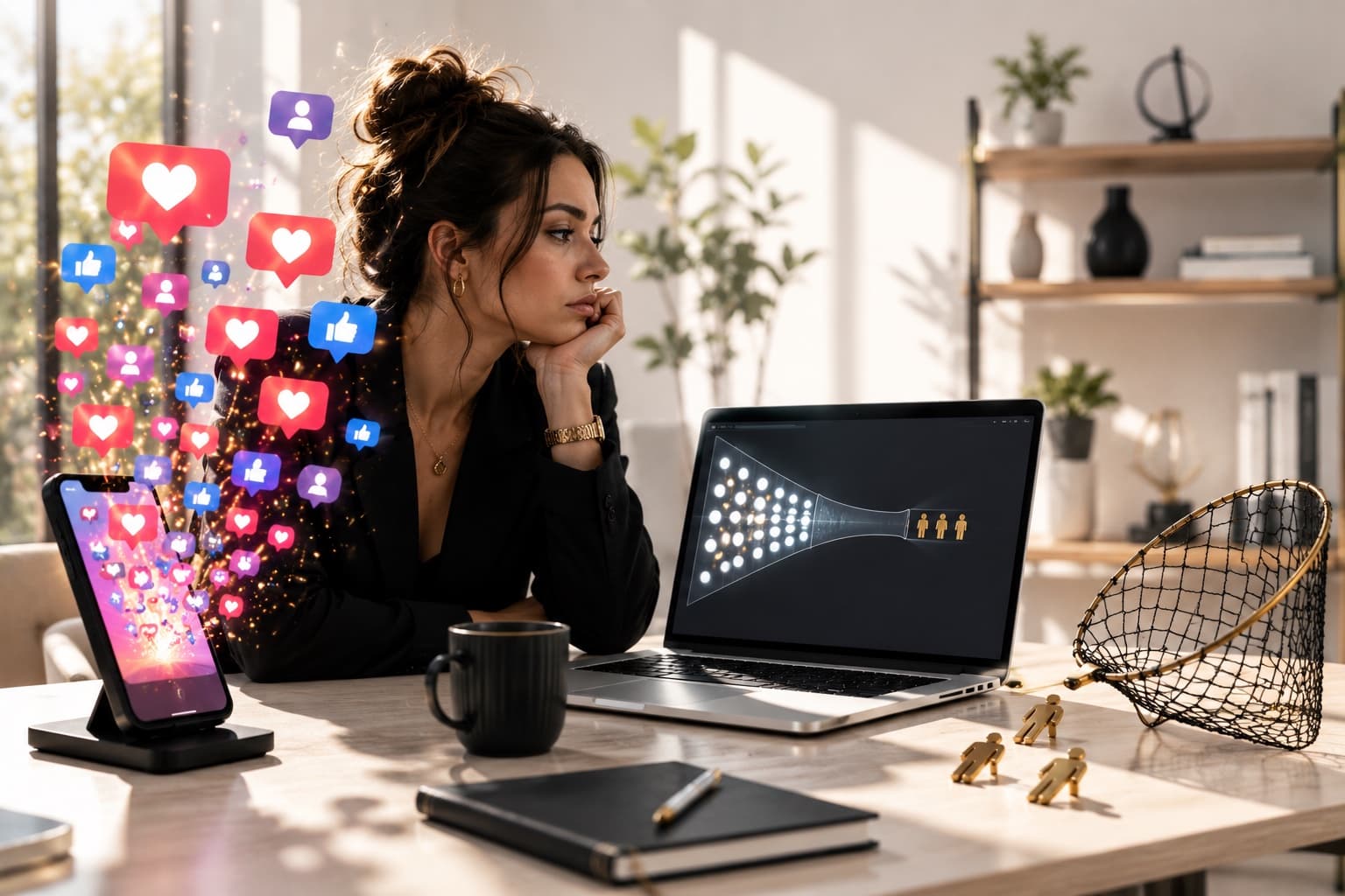A woman at her desk looks unimpressed as likes and comments pour from her phone while her laptop shows a wide funnel of followers narrowing down to just a few client icons